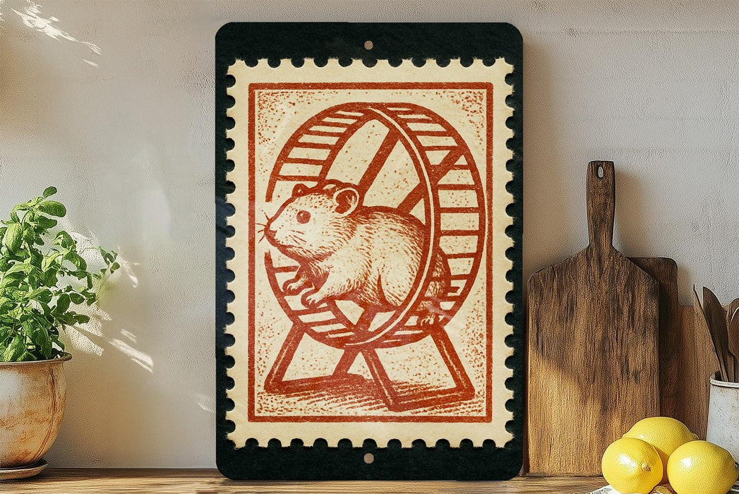 a framed stamp-like artwork depicting a hamster running on a wheel, placed on a shelf next to a wooden cutting board and a potted plant.