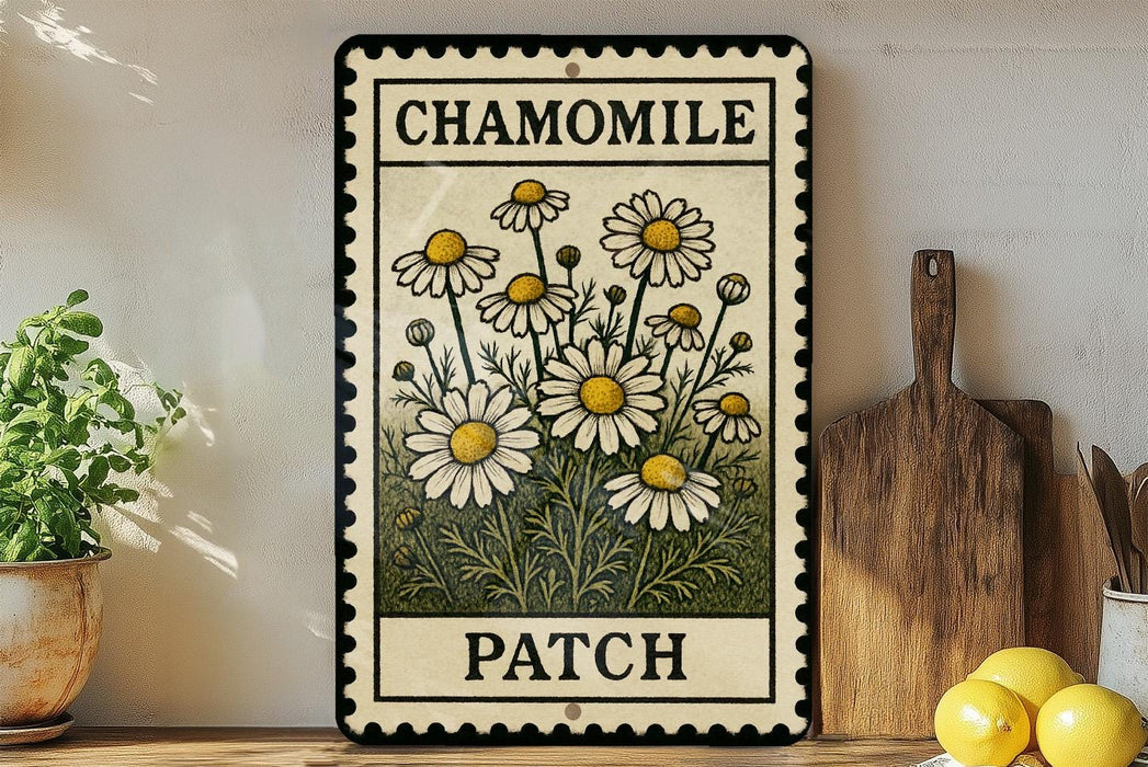 A decorative metal sign with a floral design, featuring the text "CHAMOMILE PATCH" and a depiction of daisies. The sign is placed on a wooden shelf, with a potted plant, a cutting board, and some lemons nearby.