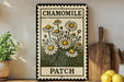 A decorative metal sign with a floral design, featuring the text "CHAMOMILE PATCH" and a depiction of daisies. The sign is placed on a wooden shelf, with a potted plant, a cutting board, and some lemons nearby.