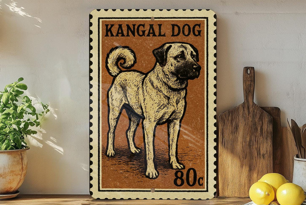 A framed illustration of a kangal dog on a wooden shelf, with a potted plant and a wooden cutting board nearby.