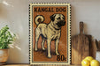 A framed illustration of a kangal dog on a wooden shelf, with a potted plant and a wooden cutting board nearby.