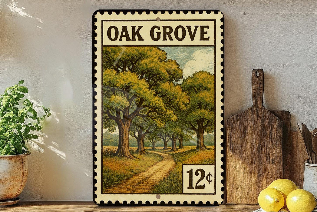 A vintage-style metal stamp depicting a scenic path through a wooded area, with the text "OAK GROVE" prominently displayed.