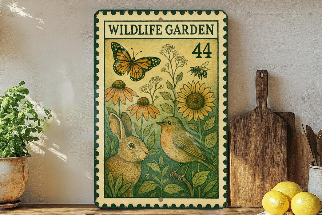 a wildlife garden-themed metal sign with illustrations of a rabbit, a bird, and flowers, placed on a wooden shelf next to a wooden cutting board and a potted plant.