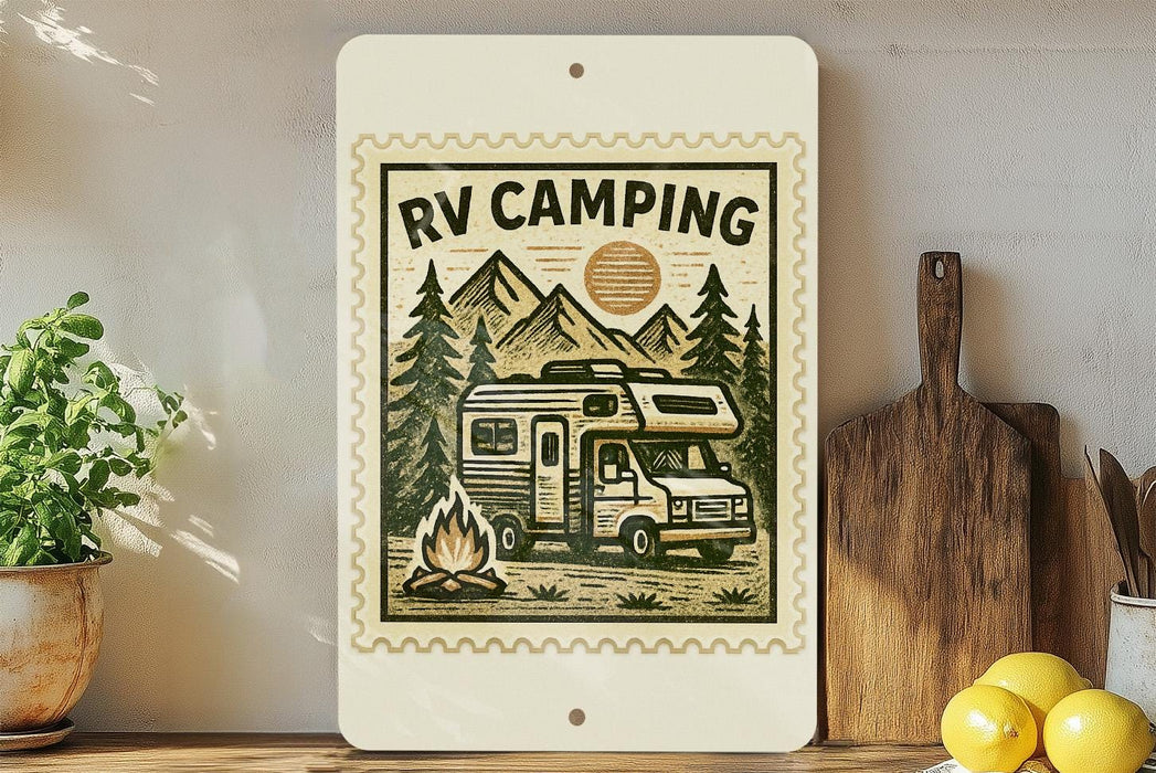 a wooden shelf with various items, including a potted plant, a wooden cutting board, and a small RV-style camper. The camper is depicted in a vintage-style illustration, with a campfire and mountains in the background. The text "RV CAMPING" is prominently displayed on the image.