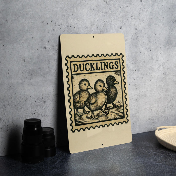 A sign featuring a stamp-like design with three ducks, along with the text "DUCKLINGS" prominently displayed.