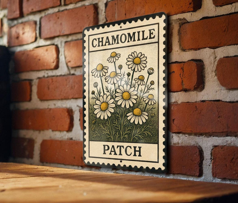 A metal sign with a floral design hangs on a brick wall, displaying the word "CHAMOMILE" and "PATCH".