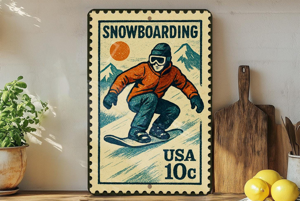 A vintage-style snowboarding postage stamp is displayed on a wall, featuring a snowboarder in an orange jacket and blue pants.