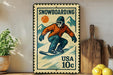 A vintage-style snowboarding postage stamp is displayed on a wall, featuring a snowboarder in an orange jacket and blue pants.