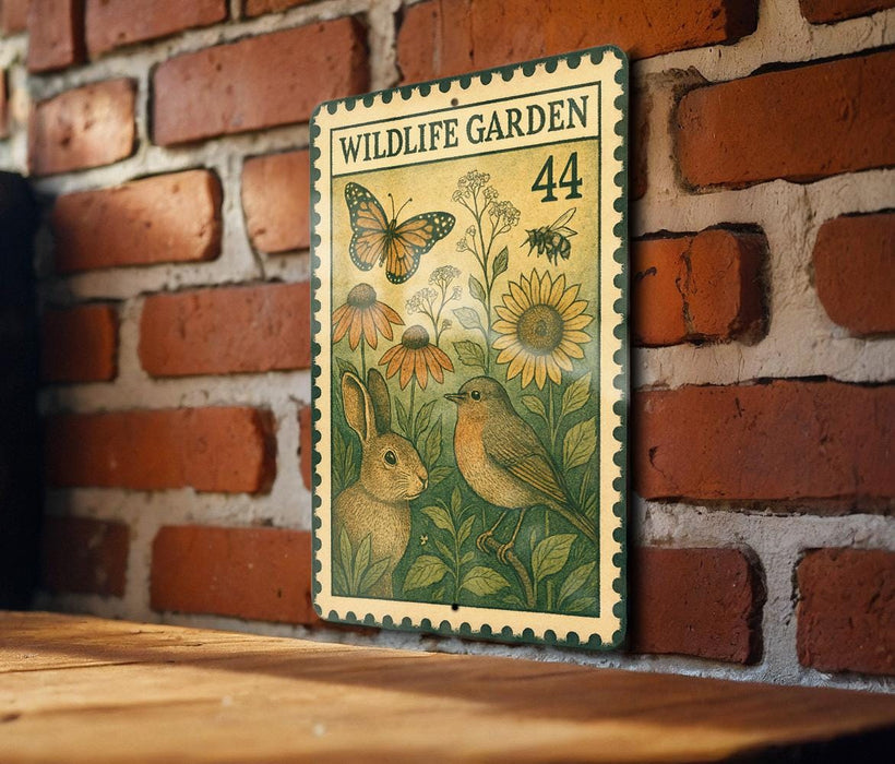 a vintage-style metal sign with illustrations of a rabbit, a bird, and flowers, mounted on a brick wall.