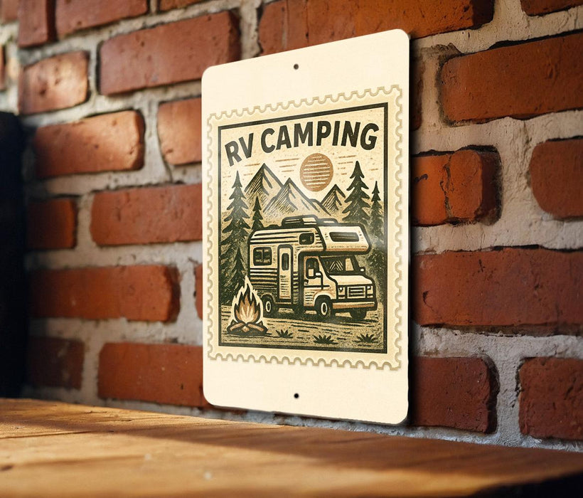 A sign with a vintage RV camping illustration is mounted on a brick wall.