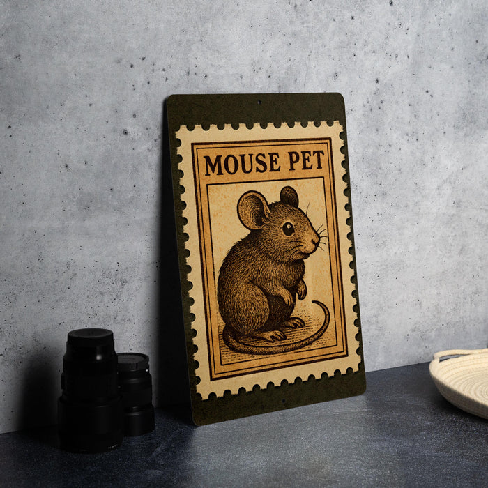 A wooden frame with a stamp-like design featuring a mouse on a surface, with a stack of black camera lenses to the left and a white dish to the right.