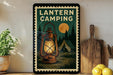 A vintage-style lantern camping poster is displayed on a wall, featuring a lantern, tent, and forest scene.