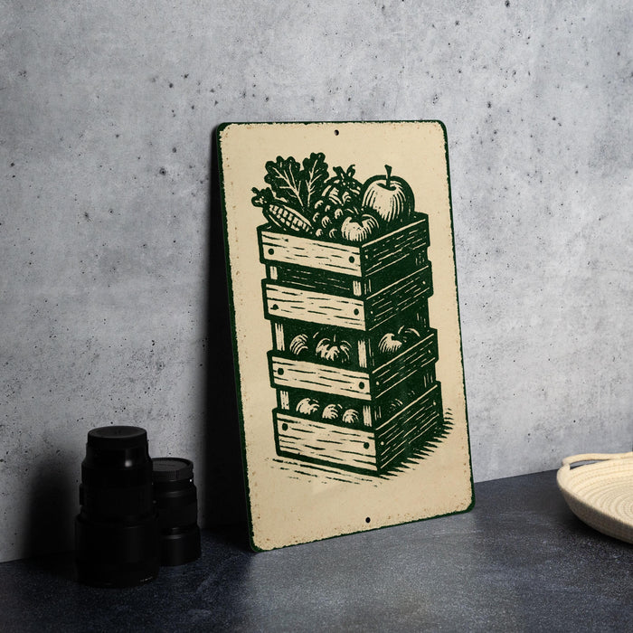 A metal sign with a green and white illustration of a stack of crates containing various vegetables, such as corn, tomatoes, and apples, is displayed on a gray wall.