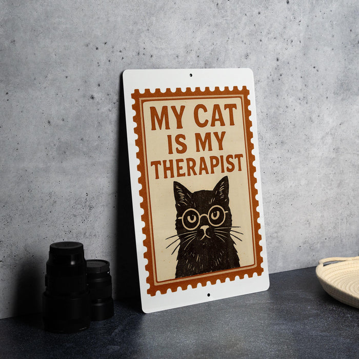 A sign with the text "MY CAT IS MY THERAPIST" and an illustration of a cat wearing glasses.