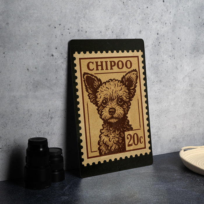 A framed image of a dog, resembling a postage stamp, is displayed on a table.