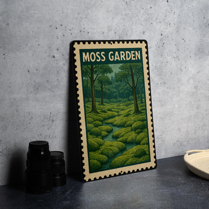 A framed illustration of a moss garden is displayed on a table, with a stack of black camera lenses and a white dish nearby.