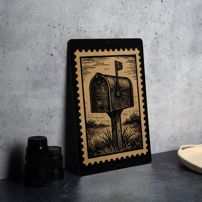 a black and gold postage stamp with a detailed illustration of a mailbox on it, placed on a dark surface next to some black camera lenses.