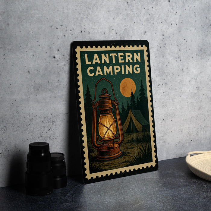 A framed poster with a lantern camping scene, featuring a lantern, tent, and forest landscape, is displayed on a wall.