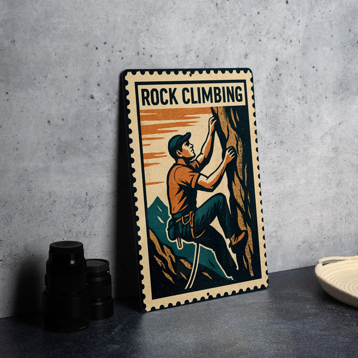 A vintage-style metal sign with the text "ROCK CLIMBING" and an illustration of a man climbing a rock.