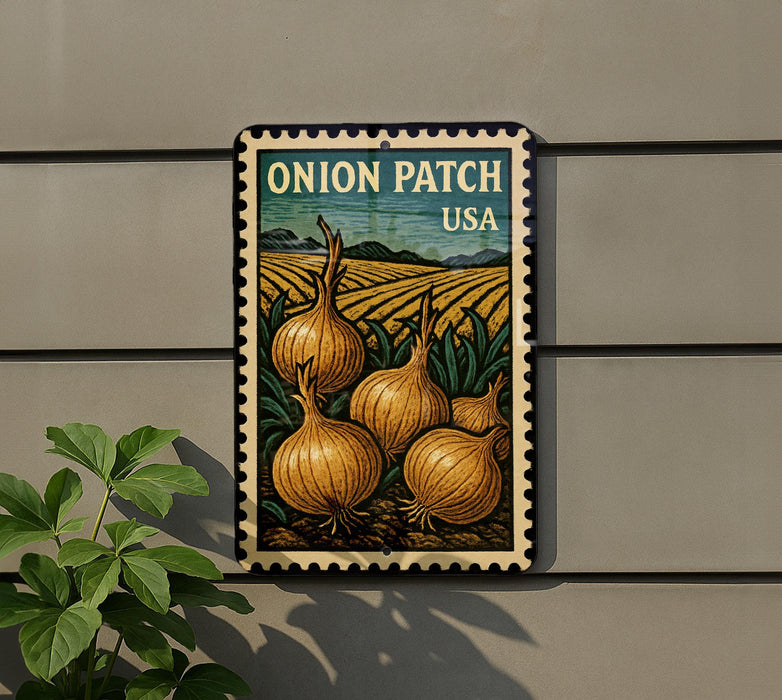 A vintage-style postage stamp featuring an illustration of onions growing in a field, mounted on a wall next to a plant.