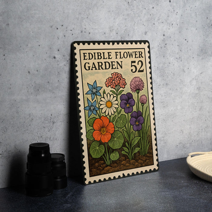 A metal sign with a floral design, featuring a variety of colorful flowers, is displayed on a table.