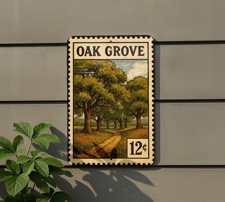 A postage stamp-like sign with a painting of a forest scene, mounted on a wall.