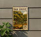 A postage stamp-like sign with a painting of a forest scene, mounted on a wall.