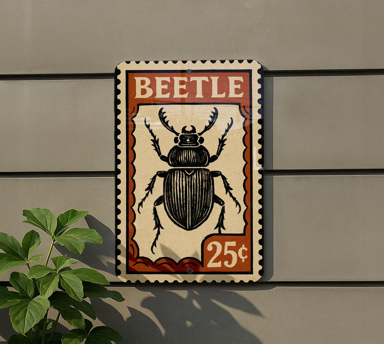 A vintage-style metal sign featuring a black beetle illustration, mounted on a wall.