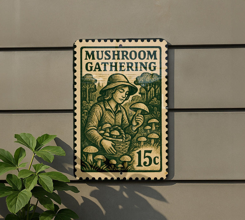 A metal sign with a stamp-like design hangs on a wall, featuring an illustration of a person holding mushrooms and the text "MUSHROOM GATHERING".