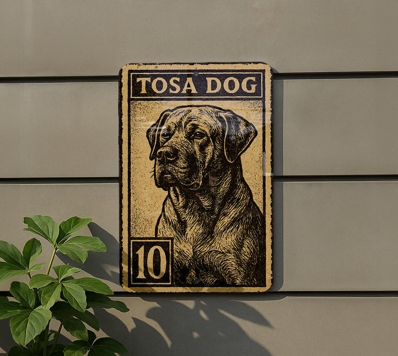 A metal sign featuring a dog's portrait, with the text "TOSA DOG" above the image.
