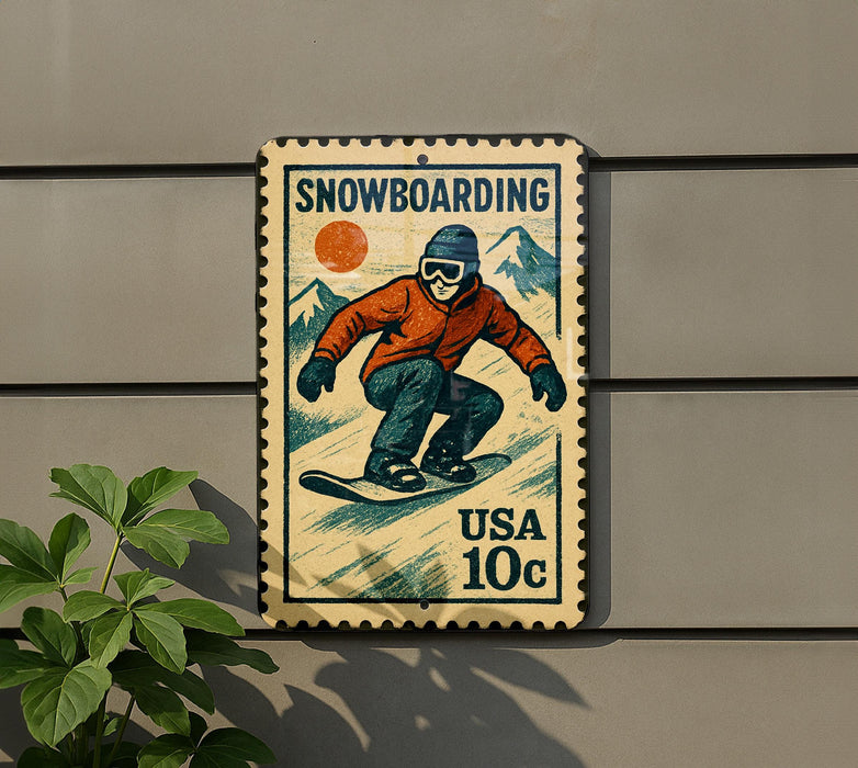 A vintage-style snowboarding postage stamp is displayed on a wall, featuring a snowboarder in an orange jacket and black pants.