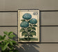 a postage stamp-like frame with a floral design, mounted on a wall next to a plant.