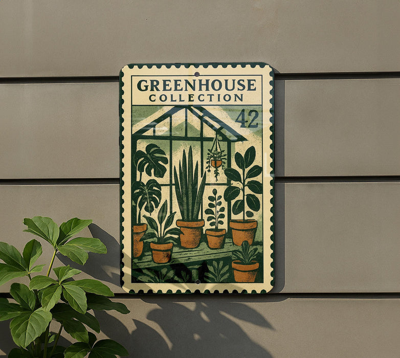 A metal sign with a green and white design, featuring illustrations of potted plants and a greenhouse, mounted on a wall.