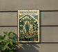 A metal sign with a green and white design, featuring illustrations of potted plants and a greenhouse, mounted on a wall.