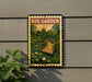 A sign for the Bog Garden, featuring a wooden bridge surrounded by lily pads and trees, is displayed on a wall.
