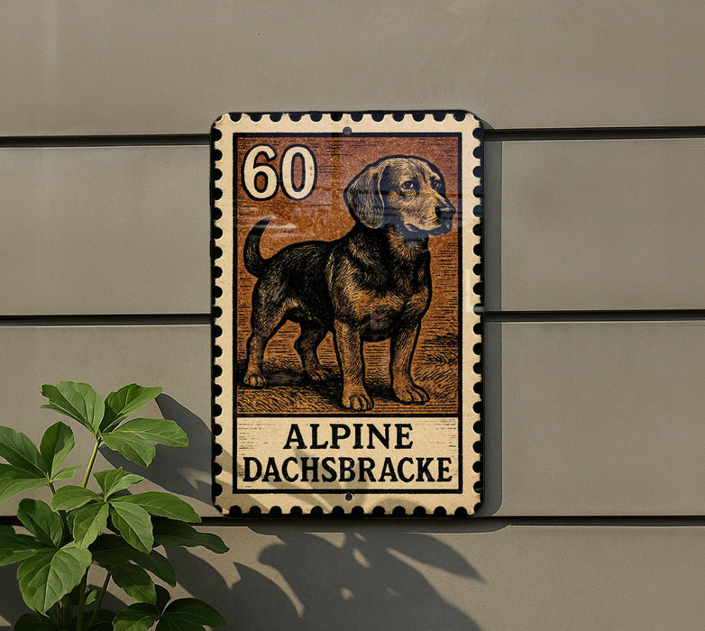 A metal sign with a dog illustration and the text "ALPINE DACHSBRACKE" is mounted on a wall.