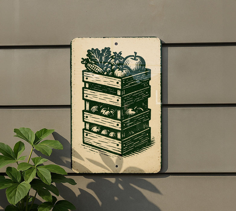 A sign with a picture of a stack of crates containing various vegetables, including an apple, is mounted on a wall.