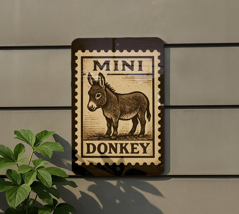 a sign with a donkey illustration, mounted on a wall.