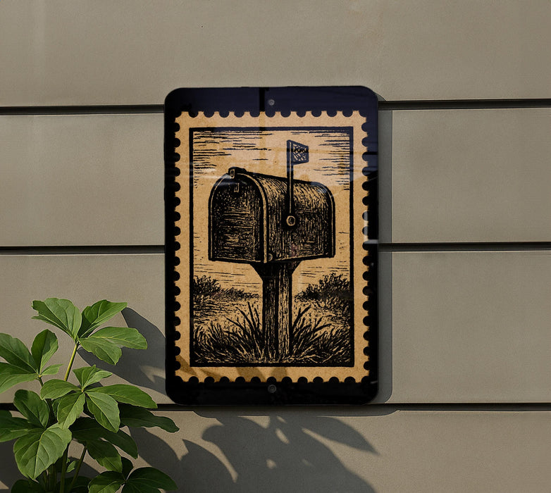 a black and gold postage stamp-like sign with a depiction of a mailbox on a wall.