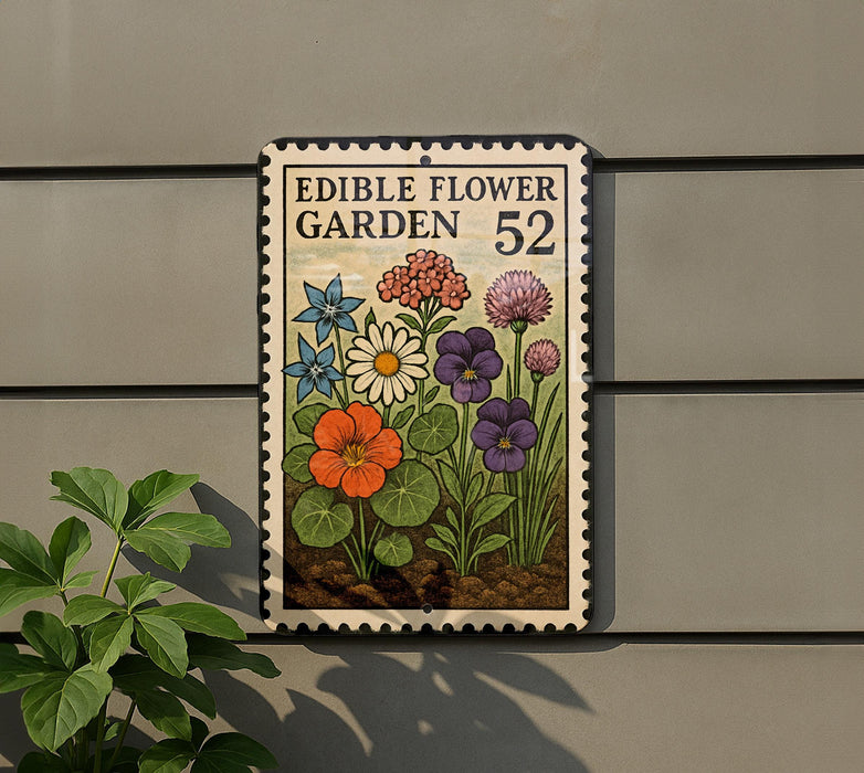 A metal sign with a postage stamp design, featuring a variety of colorful edible flowers and plants, mounted on a wall.