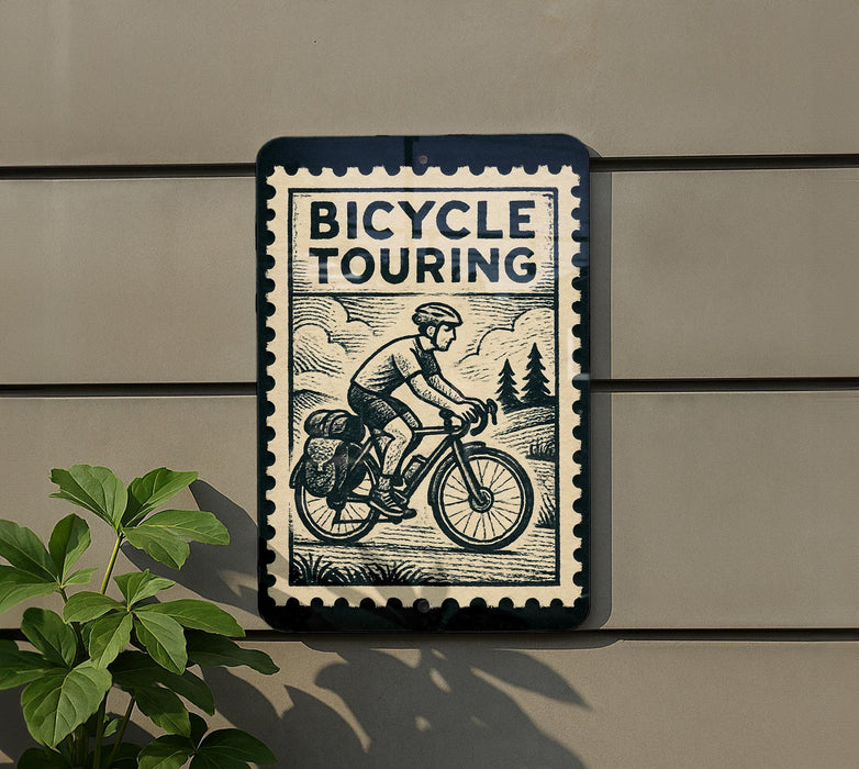 a sign that reads "Bicycle Touring" with a bicycle illustration, mounted on a wall next to a plant.