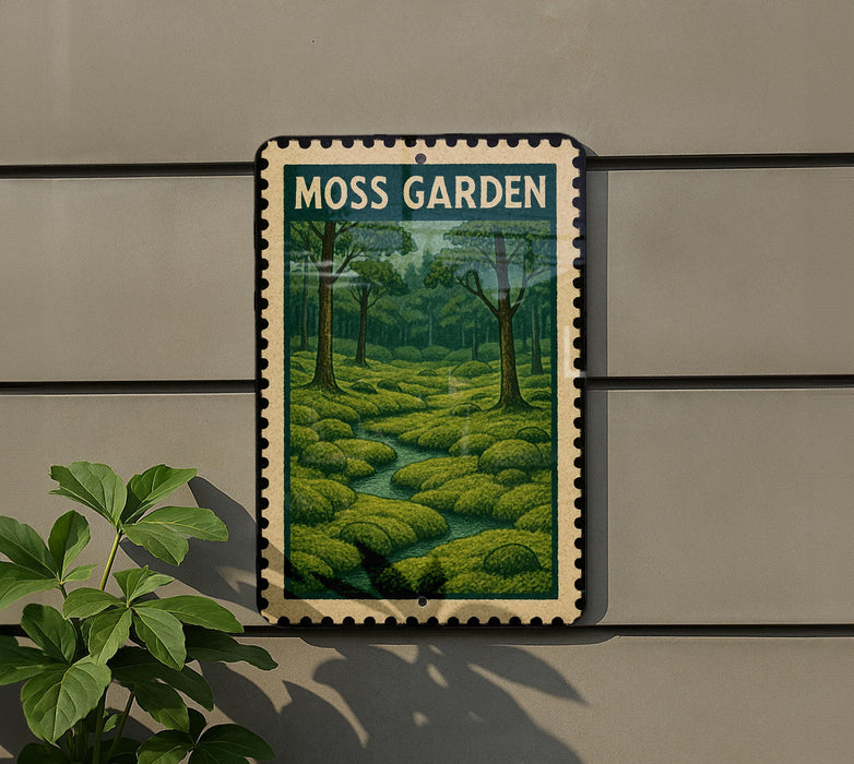 A framed image of a lush, green moss garden is displayed on a wall, with a plant visible to the left.