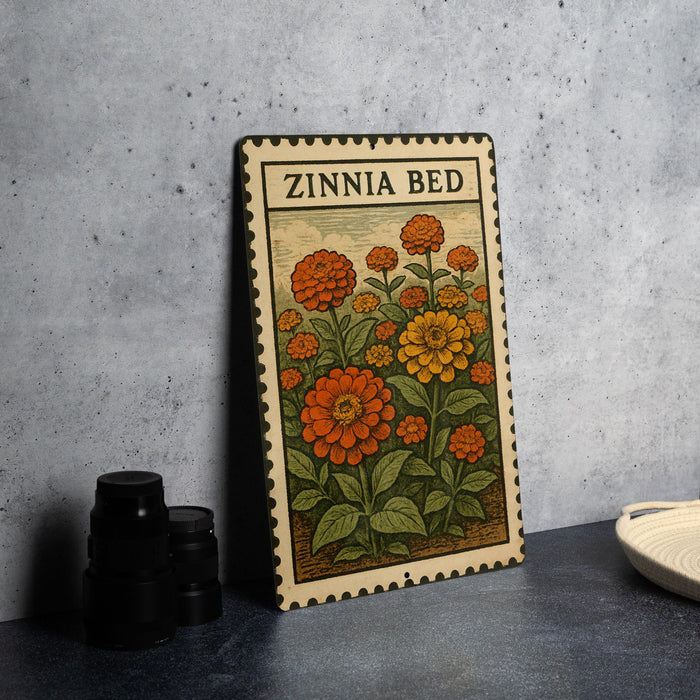 A metal sign with a floral design, featuring a variety of colorful flowers, is displayed on a table.