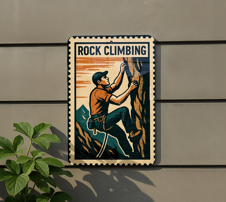 A vintage-style metal sign with the text "ROCK CLIMBING" and an illustration of a person climbing a rock.