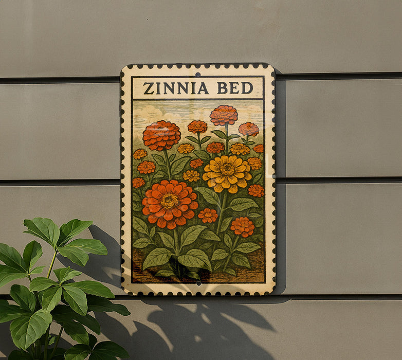 A decorative metal sign with a floral illustration is mounted on a wall, next to a plant.