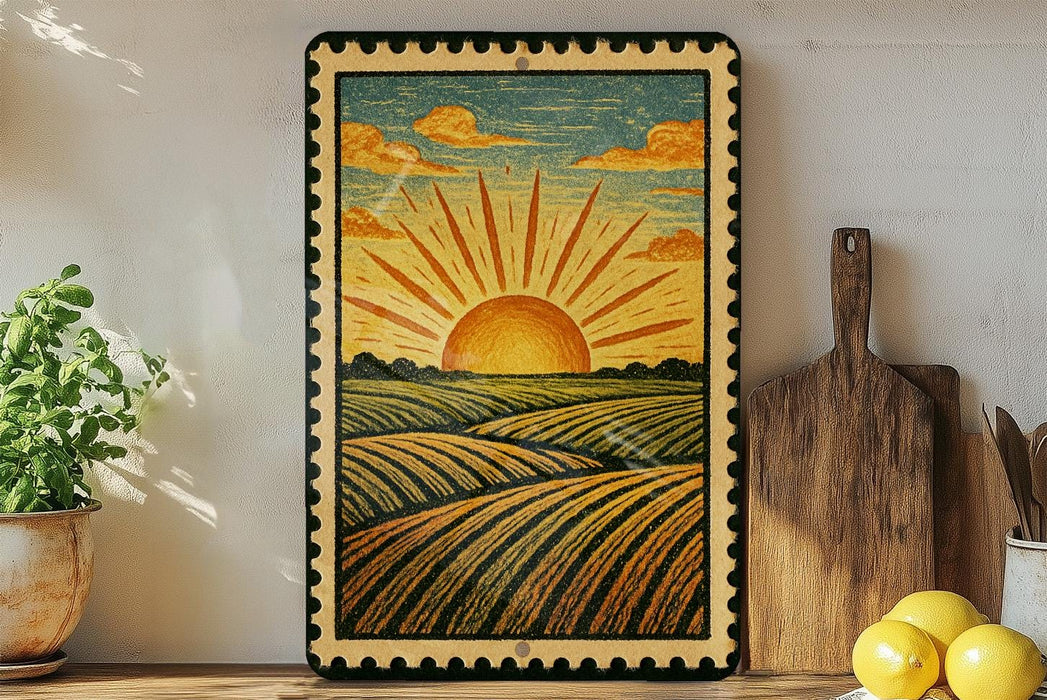 a framed painting of a sunflower field with a wooden cutting board and a potted plant to the left.