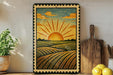 a framed painting of a sunflower field with a wooden cutting board and a potted plant to the left.