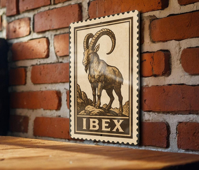 a wooden table with a framed illustration of a ram on it, mounted on a brick wall.