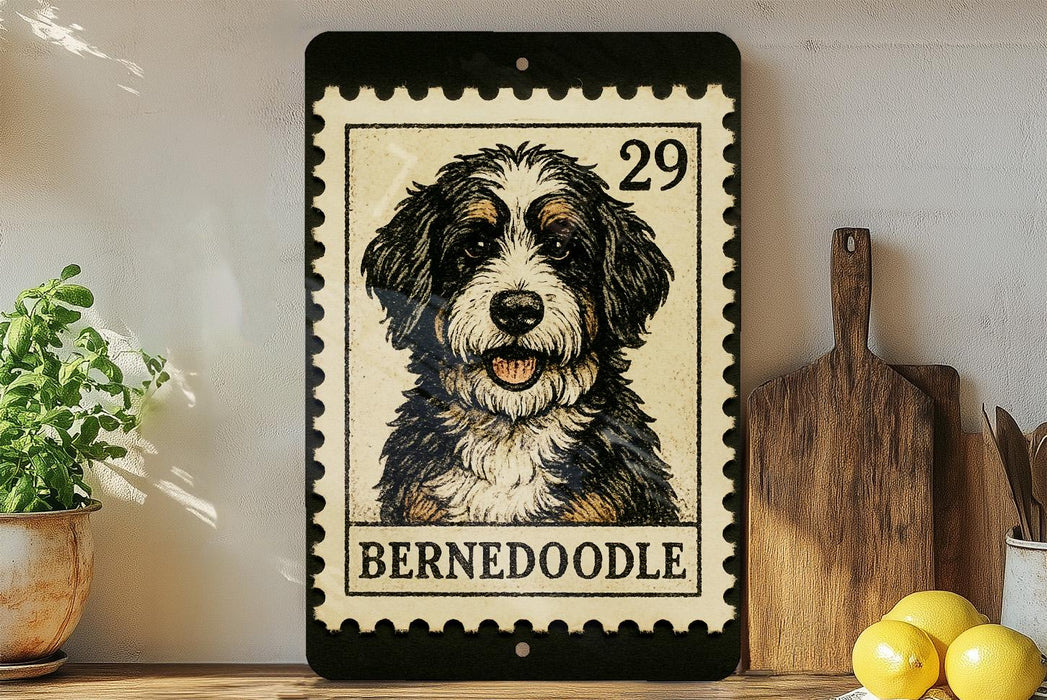 A framed image of a Bernoodle dog, a breed of small, curly-haired, mixed-breed dog, is displayed on a shelf next to a wooden cutting board and some lemons.