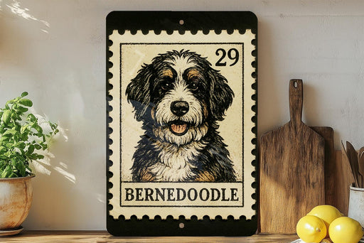 A framed image of a Bernoodle dog, a breed of small, curly-haired, mixed-breed dog, is displayed on a shelf next to a wooden cutting board and some lemons.